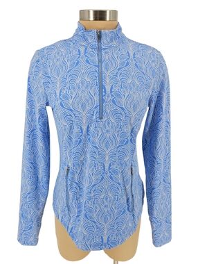 Laura Ashley Pullover Shirt Jacket Floral Blue Long Sleeve Mock 1/4 Zip Medium